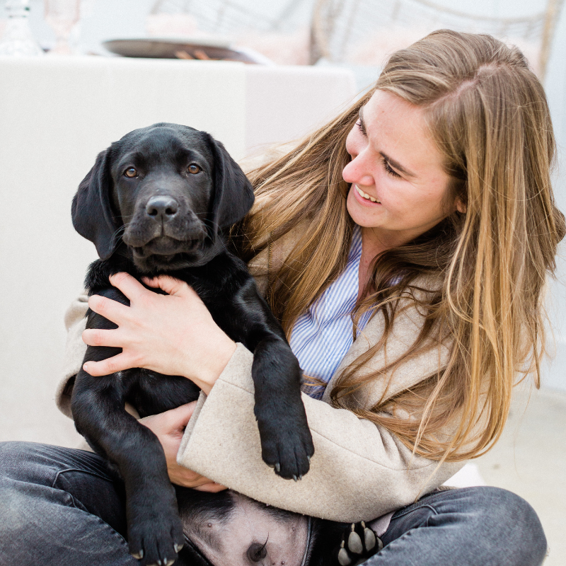 Woman Cuddling a Black Labrador Puppy at a Dog-Friendly Luxury Vacation Rental in the Calistoga, St. Helena, and Healdsburg area