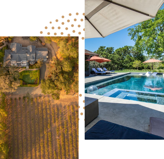 Luxurious vacation rental in Napa Valley with vineyards, pool, lounge chairs, and sun umbrellas.